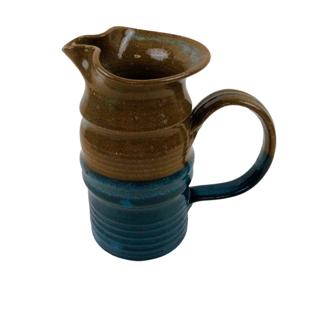 Art Studio Pottery Pitcher Blue Brown Color Block Handle Pour Spout Signed